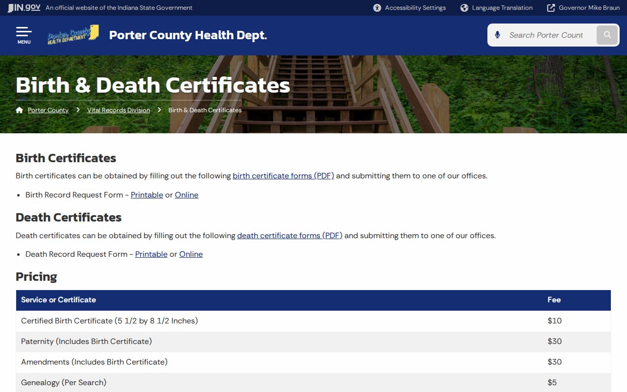 Porter County vital records access for Portage family research